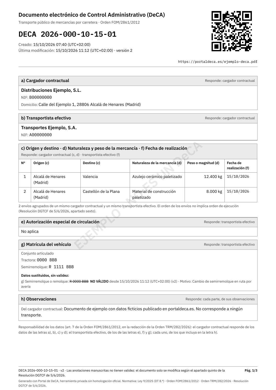 Primera página de un DeCA de ejemplo: número y fechas, código QR, cargador contractual, transportista efectivo, dos envíos, autorización especial, matrículas con un semirremolque corregido y observaciones.